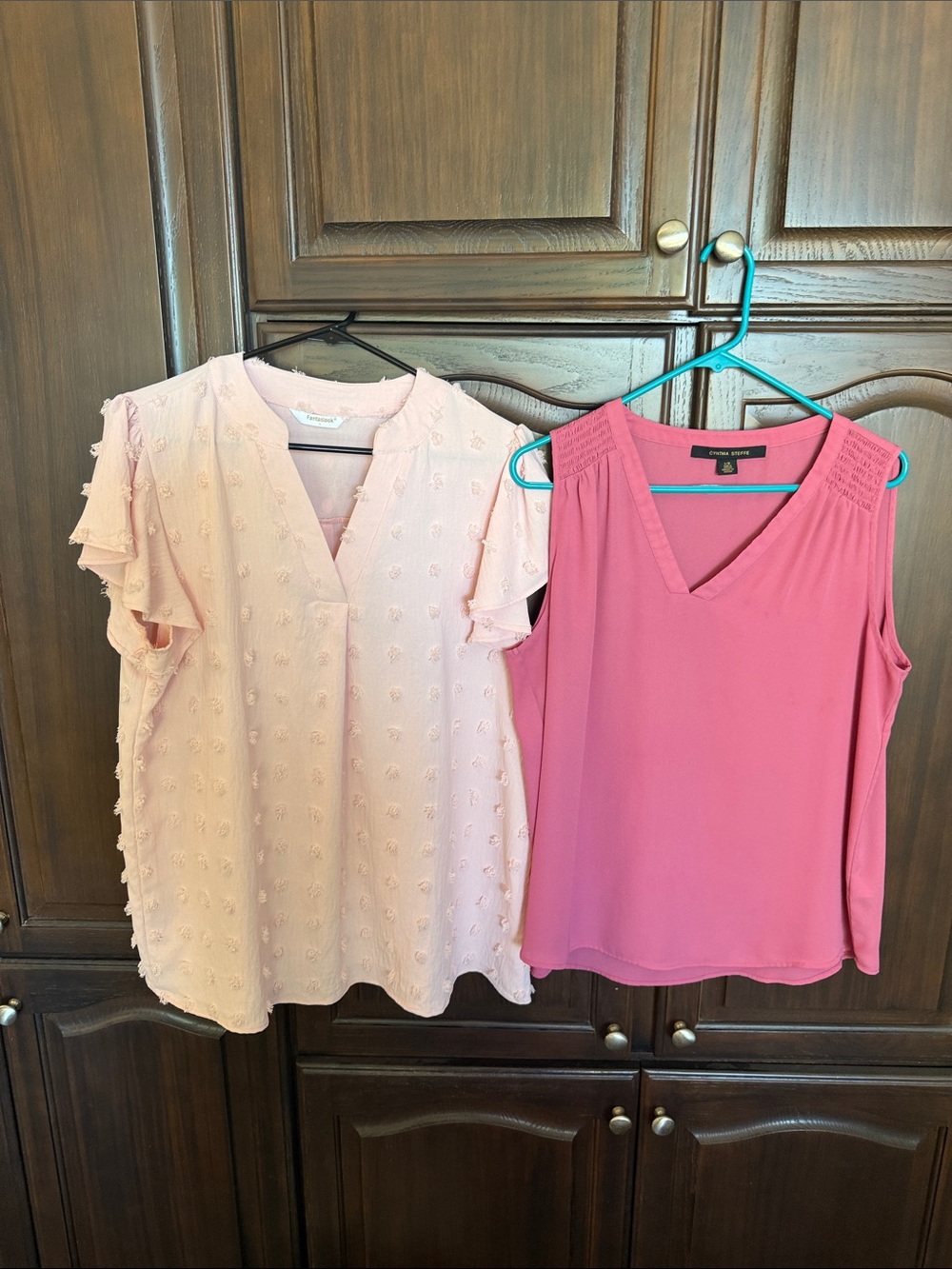 Two-Piece Women Tops Set - Light Pink Textured Blouse & Rose Pink V-Neck Tank